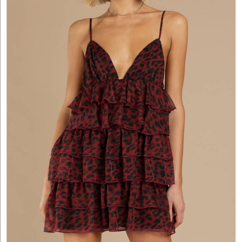TOBI TOMMY RED RUFFLE LEOPARD DRESS SZ M - Picture 2 of 14